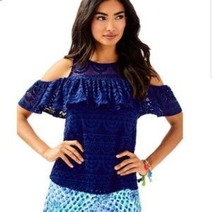 Lilly Pulitzer Lyra Lace Cold Shoulder Navy Top